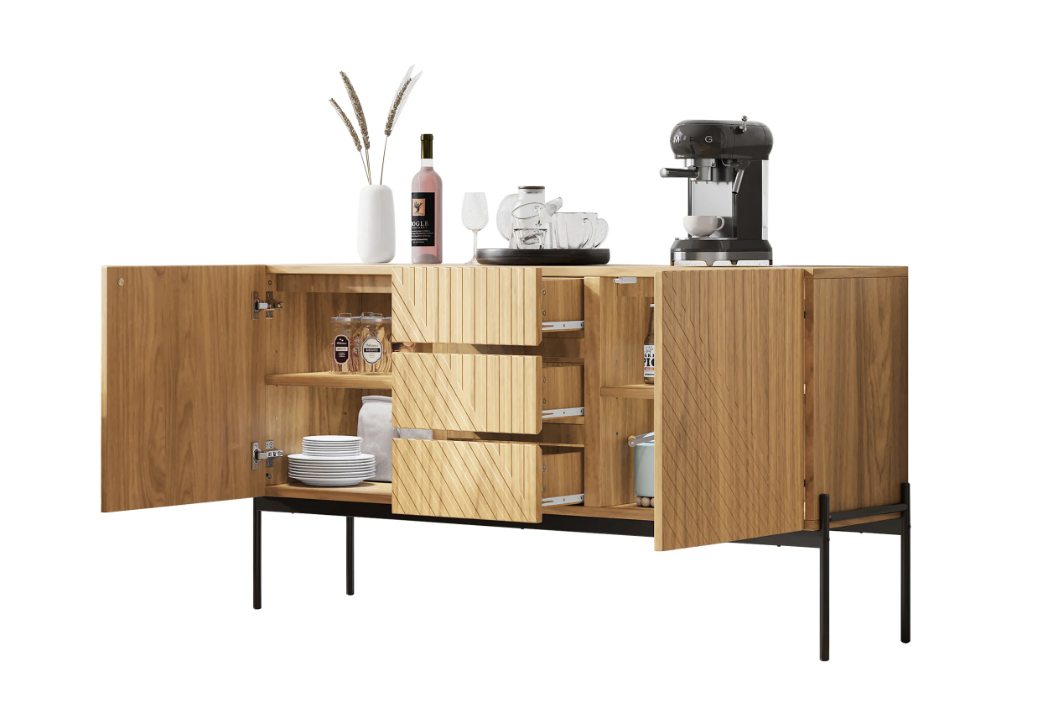 Modern Houten Sideboard – Kast met 2 Deuren, 3 Lades en Metalen Poten, 140×40×75 cm