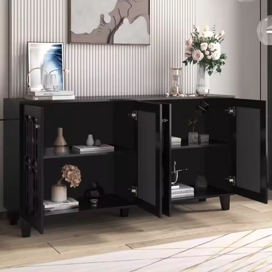 Zwart Glazen Dressoir – Sideboard met Kristallen Handgrepen en 4 Deuren, 160×40×84 cm