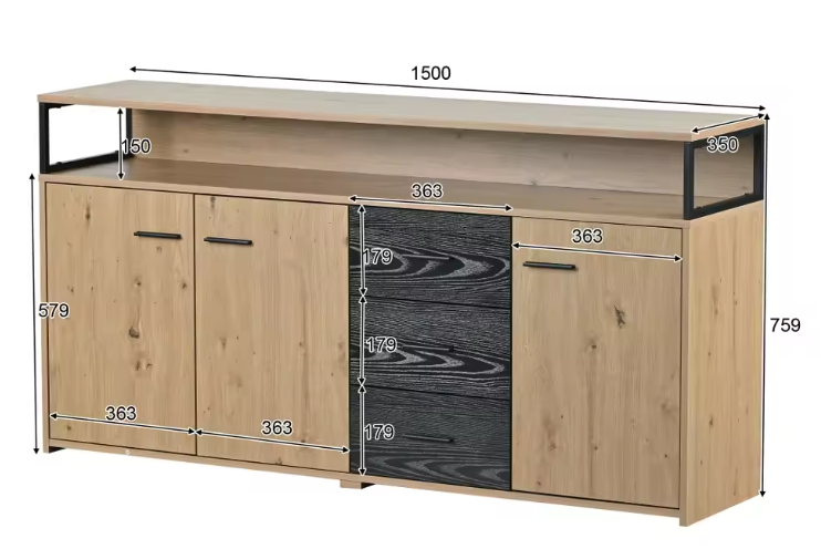 Moderne Opbergkast 150 cm – Kast met 3 Deuren en 3 Lades, Industrieel Design