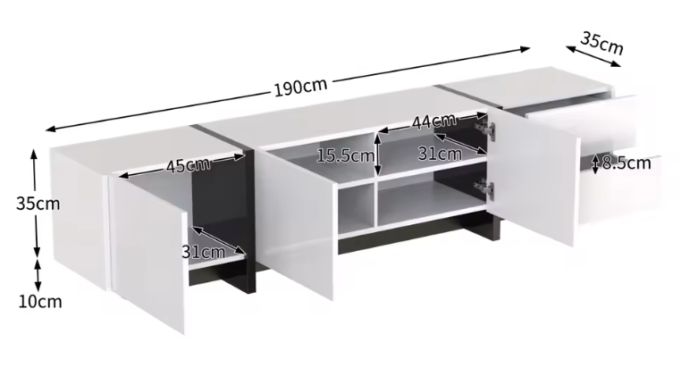 Modern Hoogglans TV-Lowboard 190 cm – Kast met Laden en Deuren