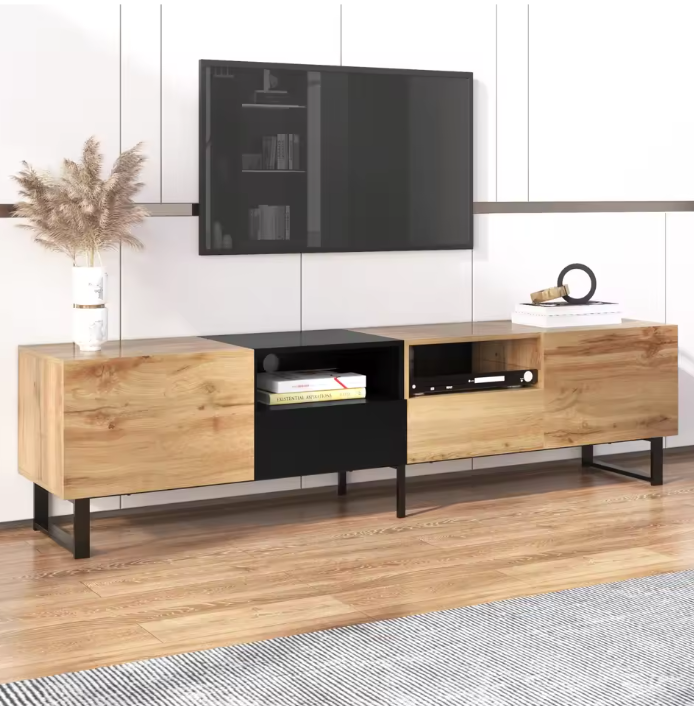 TV-meubel 190 cm – Lowboard met Deuren en Lades, Modern Hout-Zwart Ontwerp