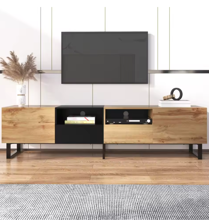 TV-meubel 190 cm – Lowboard met Deuren en Lades, Modern Hout-Zwart Ontwerp