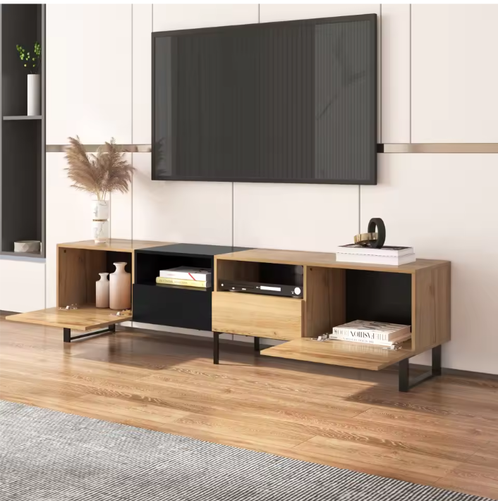 TV-meubel 190 cm – Lowboard met Deuren en Lades, Modern Hout-Zwart Ontwerp