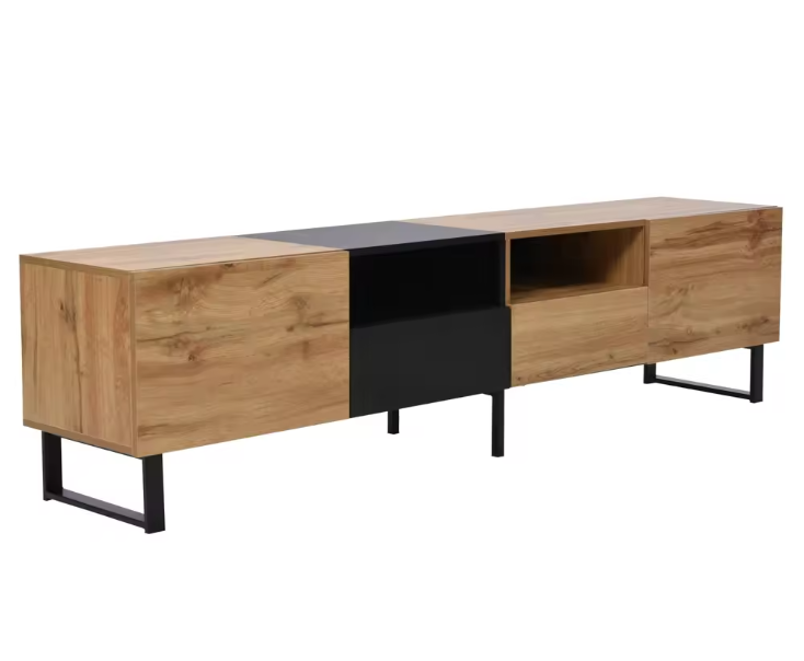 TV-meubel 190 cm – Lowboard met Deuren en Lades, Modern Hout-Zwart Ontwerp