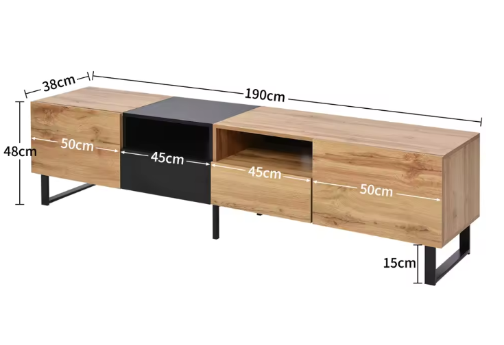 TV-meubel 190 cm – Lowboard met Deuren en Lades, Modern Hout-Zwart Ontwerp