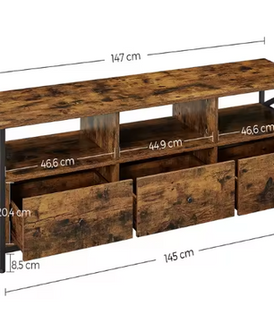 TV-meubel 147 cm – Lowboard met 3 Lades en Open Vakken, Industrieel Design