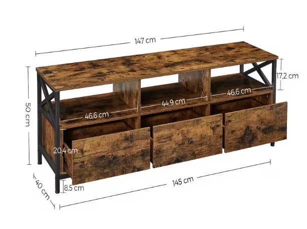 TV-meubel 147 cm – Lowboard met 3 Lades en Open Vakken, Industrieel Design