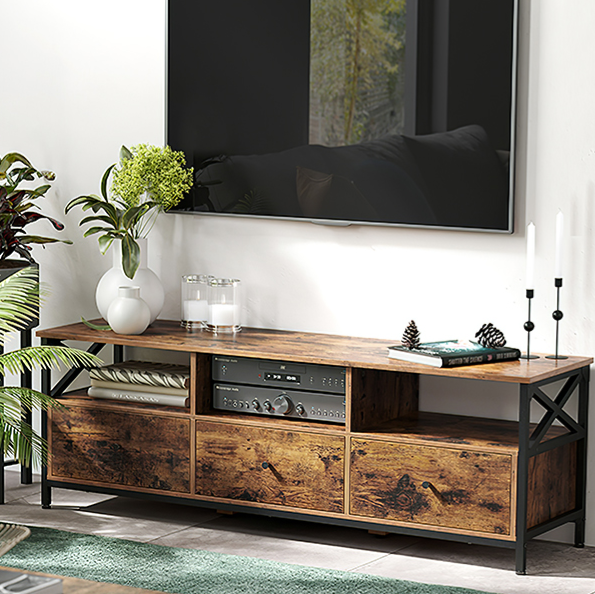 TV-meubel 147 cm – Lowboard met 3 Lades en Open Vakken, Industrieel Design