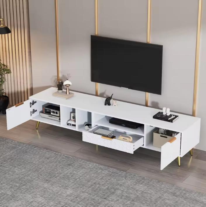 TV-meubel 180 cm – Wit Lowboard met Deuren, Lade en Open Vakken