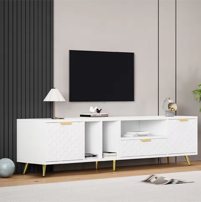 TV-meubel 180 cm – Wit Lowboard met Deuren, Lade en Open Vakken