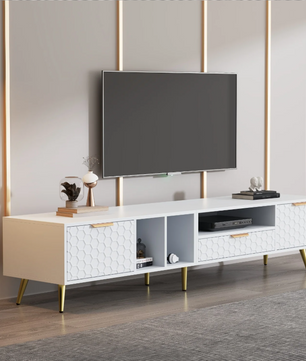 TV-meubel 180 cm – Wit Lowboard met Deuren, Lade en Open Vakken