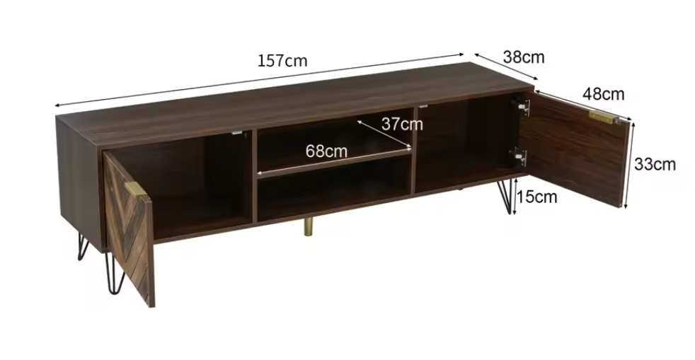 TV-meubel 155 cm – Houten Lowboard met Deuren, Gouden Handgrepen en IJzeren Poten