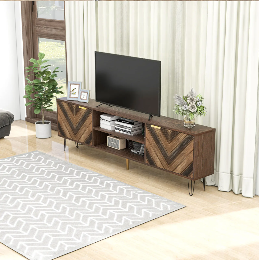 TV-meubel 155 cm – Houten Lowboard met Deuren, Gouden Handgrepen en IJzeren Poten