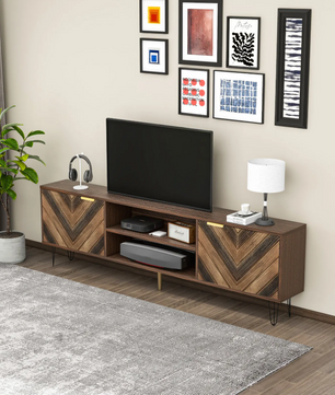 TV-meubel 155 cm – Houten Lowboard met Deuren, Gouden Handgrepen en IJzeren Poten