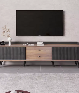 TV-meubel 160 cm – Zwart-Hout Lowboard met Deuren en Lades