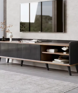 TV-meubel 160 cm – Zwart-Hout Lowboard met Deuren en Lades