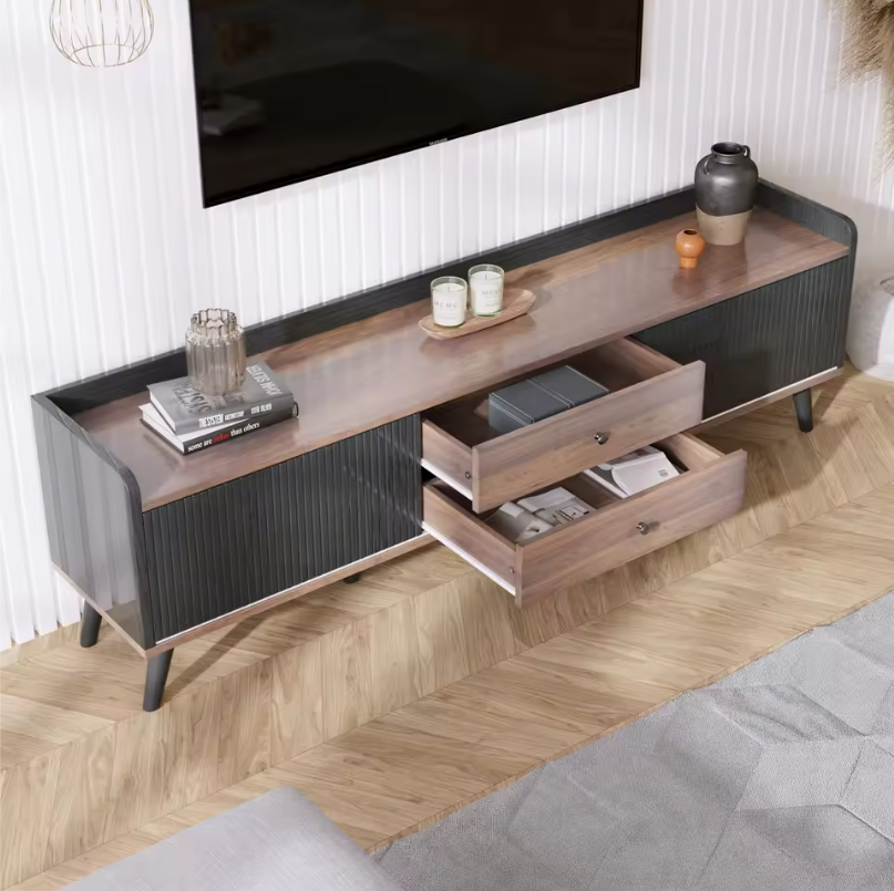 TV-meubel 160 cm – Zwart-Hout Lowboard met Deuren en Lades