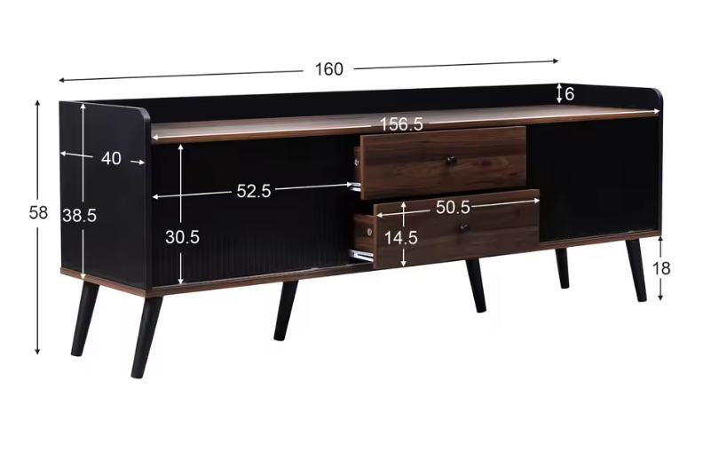 TV-meubel 160 cm – Zwart-Hout Lowboard met Deuren en Lades