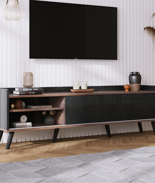 TV-meubel 160 cm – Zwart-Hout Lowboard met Deuren en Lades