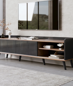 TV-meubel 160 cm – Zwart-Hout Lowboard met Deuren en Lades