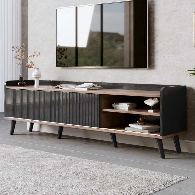 TV-meubel 160 cm – Zwart-Hout Lowboard met Deuren en Lades