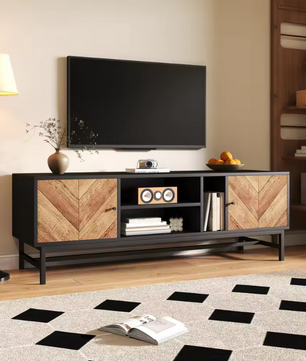 TV-meubel 150 cm – Zwart-hout Lowboard met Open en Gesloten Opbergvakken