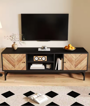 TV-meubel 150 cm – Zwart-hout Lowboard met Open en Gesloten Opbergvakken