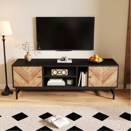 TV-meubel 150 cm – Zwart-hout Lowboard met Open en Gesloten Opbergvakken