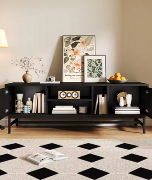 TV-meubel 150 cm – Zwart-hout Lowboard met Open en Gesloten Opbergvakken