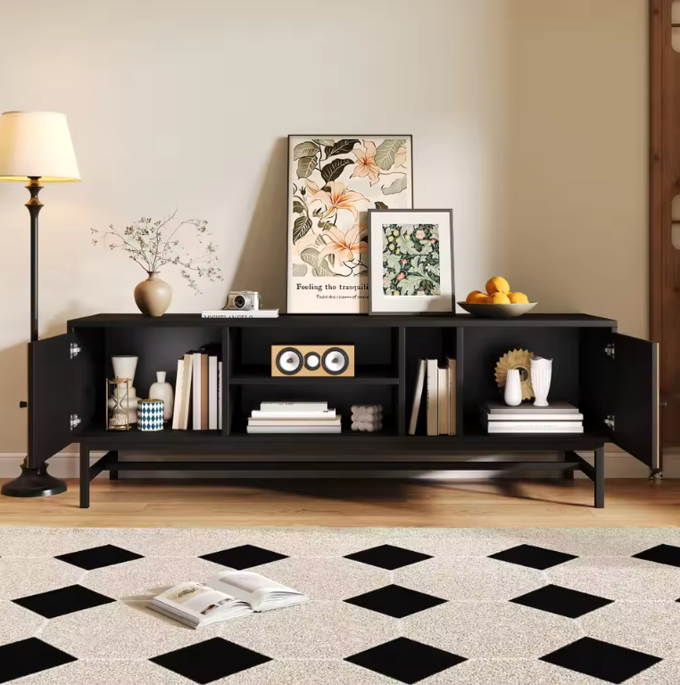 TV-meubel 150 cm – Zwart-hout Lowboard met Open en Gesloten Opbergvakken