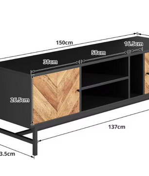 TV-meubel 150 cm – Zwart-hout Lowboard met Open en Gesloten Opbergvakken