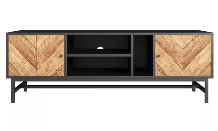 TV-meubel 150 cm – Zwart-hout Lowboard met Open en Gesloten Opbergvakken