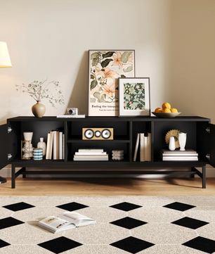 TV-meubel 150 cm – Zwart-hout Lowboard met Open en Gesloten Opbergvakken