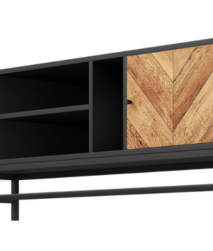 TV-meubel 150 cm – Zwart-hout Lowboard met Open en Gesloten Opbergvakken