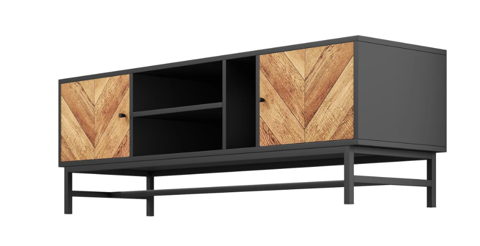 TV-meubel 150 cm – Zwart-hout Lowboard met Open en Gesloten Opbergvakken