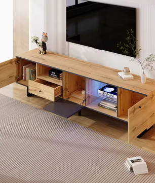 TV-meubel 190 cm – Lowboard met LED-verlichting en Glasplanken