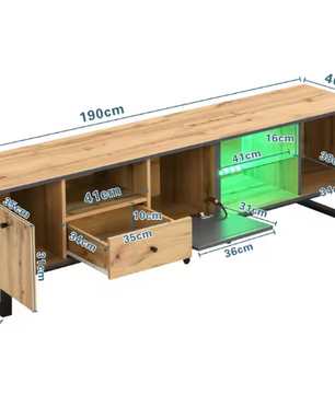 TV-meubel 190 cm – Lowboard met LED-verlichting en Glasplanken