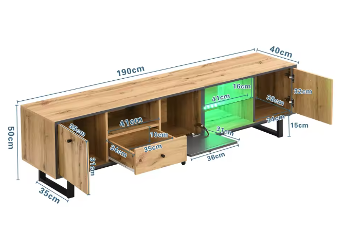 TV-meubel 190 cm – Lowboard met LED-verlichting en Glasplanken