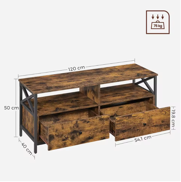 TV-meubel 120 cm – Industrieel Lowboard met Lades en Open Vakken