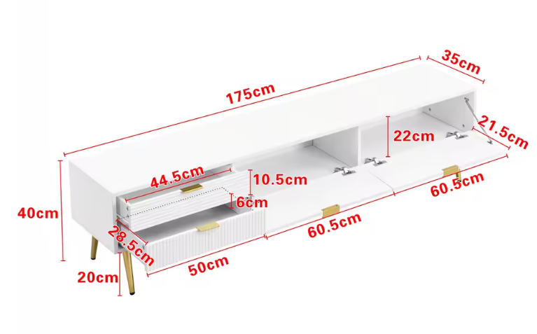 TV-Meubel 175 cm – Lowboard met Laden, Deuren en Gouden Details
