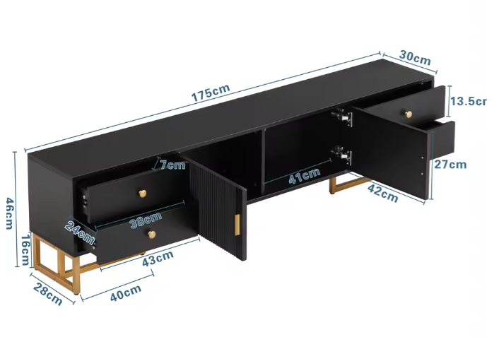 TV-Meubel 175 cm – Lowboard met 2 Deuren, 4 Lades en Gouden Poten