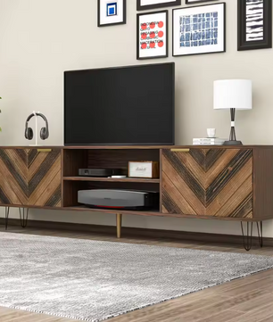 TV-Meubel 155 cm – Lowboard met Houtfineer Deuren en Gouden Poten