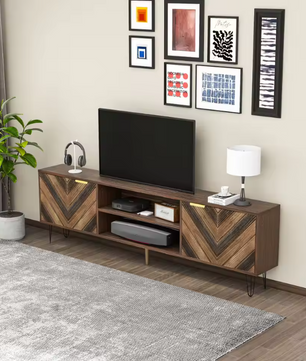 TV-Meubel 155 cm – Lowboard met Houtfineer Deuren en Gouden Poten