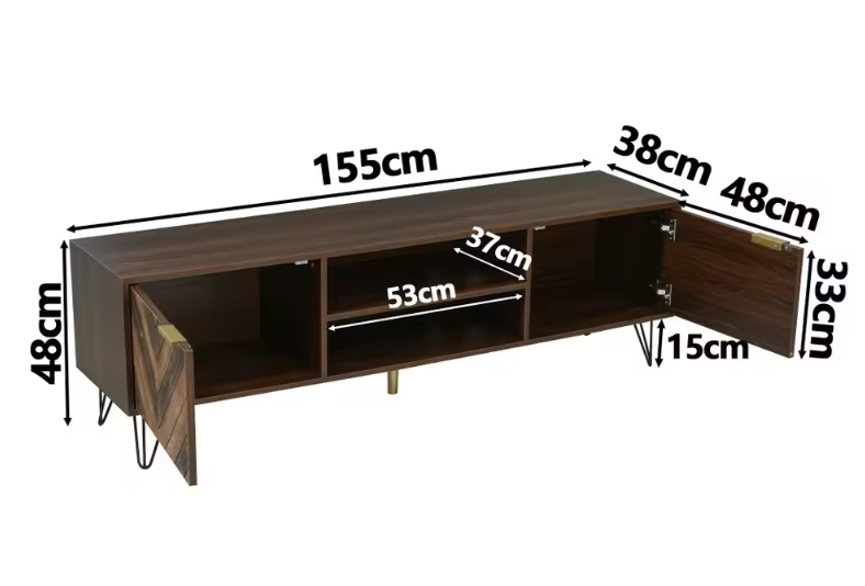 TV-Meubel 155 cm – Lowboard met Houtfineer Deuren en Gouden Poten