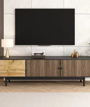 TV-Meubel 180 cm – Lowboard met Golfpatroon Deuren en 3 Lades, Hout/Zwart