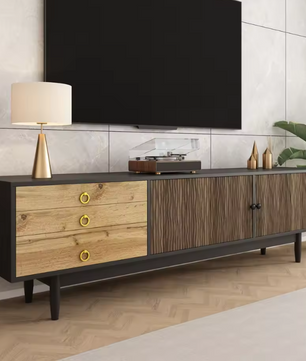 TV-Meubel 180 cm – Lowboard met Golfpatroon Deuren en 3 Lades, Hout/Zwart