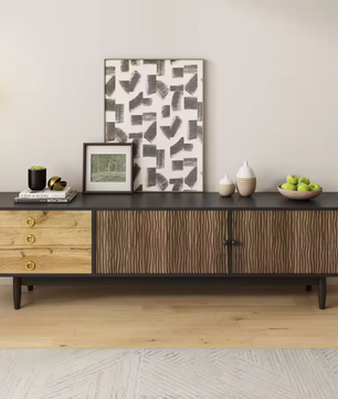 TV-Meubel 180 cm – Lowboard met Golfpatroon Deuren en 3 Lades, Hout/Zwart