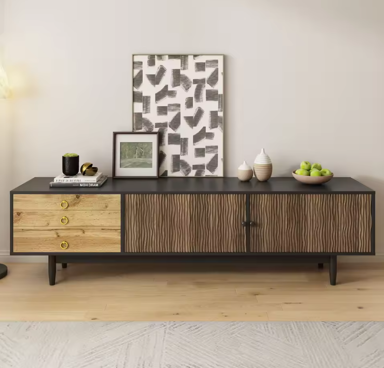 TV-Meubel 180 cm – Lowboard met Golfpatroon Deuren en 3 Lades, Hout/Zwart