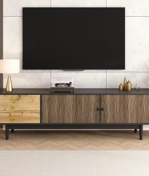 TV-Meubel 180 cm – Lowboard met Golfpatroon Deuren en 3 Lades, Hout/Zwart
