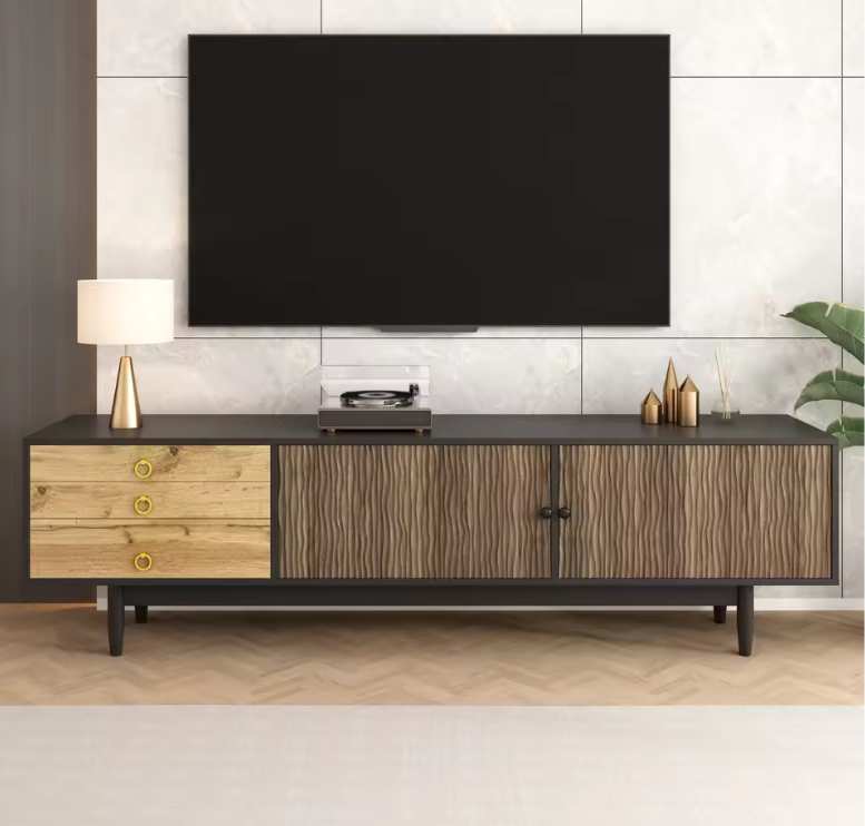 TV-Meubel 180 cm – Lowboard met Golfpatroon Deuren en 3 Lades, Hout/Zwart